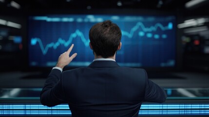 Business analyst observes digital market trends on futuristic sc