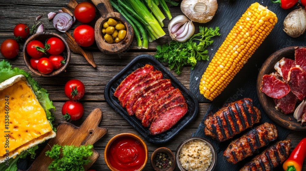 Poster a top-down view of a dinner table set with hot cheese corn, grilled meats, and fresh vegetables, cre