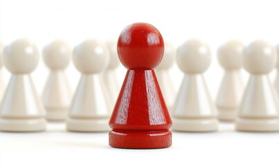 Red chess pawn stands out among white pawns, signifying leadership and uniqueness. Focus on success, standing out from the crowd