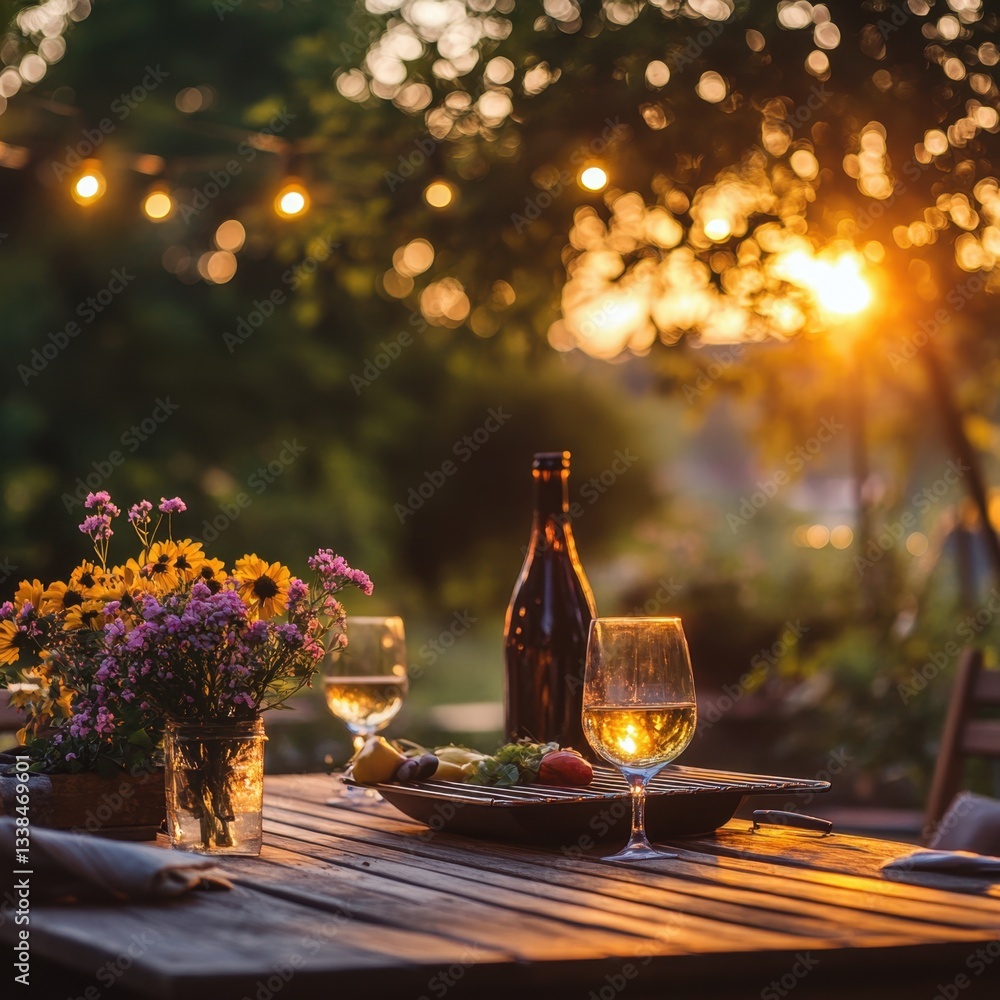 Poster enchanting sunset dinner party with wine and flowers on a rustic wooden table in a garden with bokeh