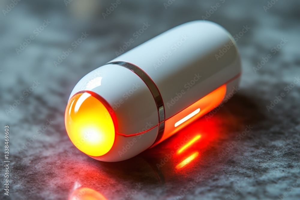 Poster Innovative portable gadget with glowing indicator light placed on a marble countertop during daytime