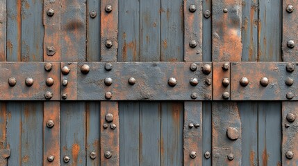 Rusty metal door with rivets industrial setting close-up view textured background grunge aesthetic