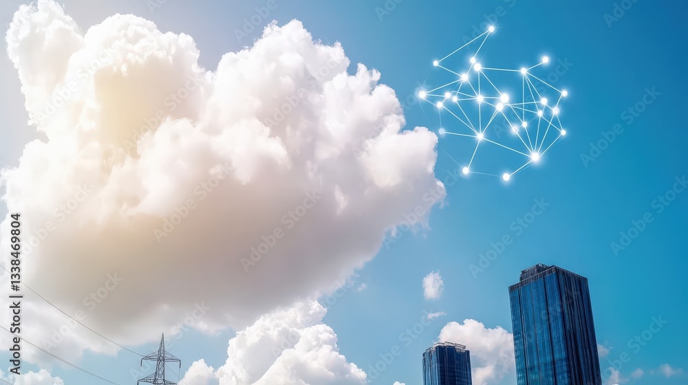 Poster smart grid distribution management concept. abstract cloud and futuristic structure against a bright