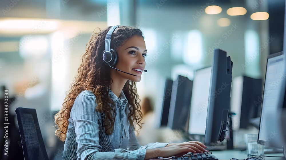 Poster smiling customer service representative working in a call center