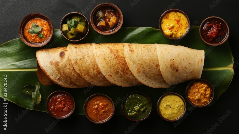 Aufkleber a top-down view of a large dosa served on a banana leaf, accompanied by small bowls of colorful chut