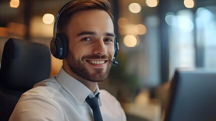 Friendly customer service representative wearing headset is working in modern office