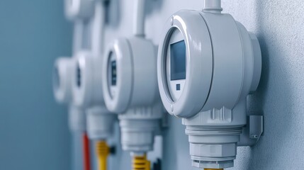 smart grid distribution management concept. High-tech energy meters mounted on a wall.