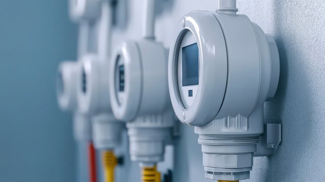 smart grid distribution management concept. High-tech energy meters mounted on a wall.