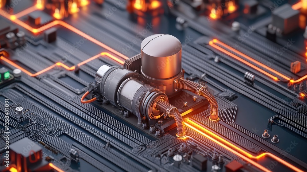 Poster smart grid distribution management concept. futuristic circuit board with metallic components and gl