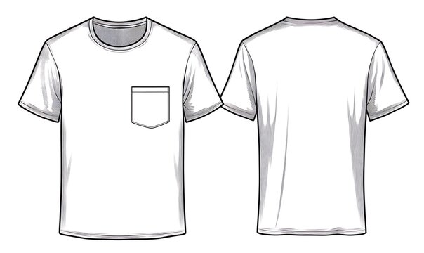 Short sleeve t-shirt T shirt with pocket design template, front and back view. Blank T Shirt for mockup, vector illustration.