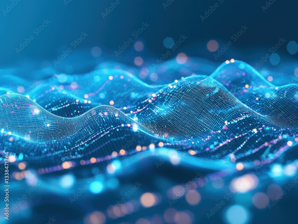 Poster abstract representation of digital waves with glowing particles in blue