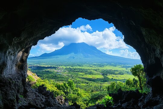 Cave view of majestic Mayon Volcano and green landscape, Philippines. For travel, geology, or environmental themes with beautiful scenery.
