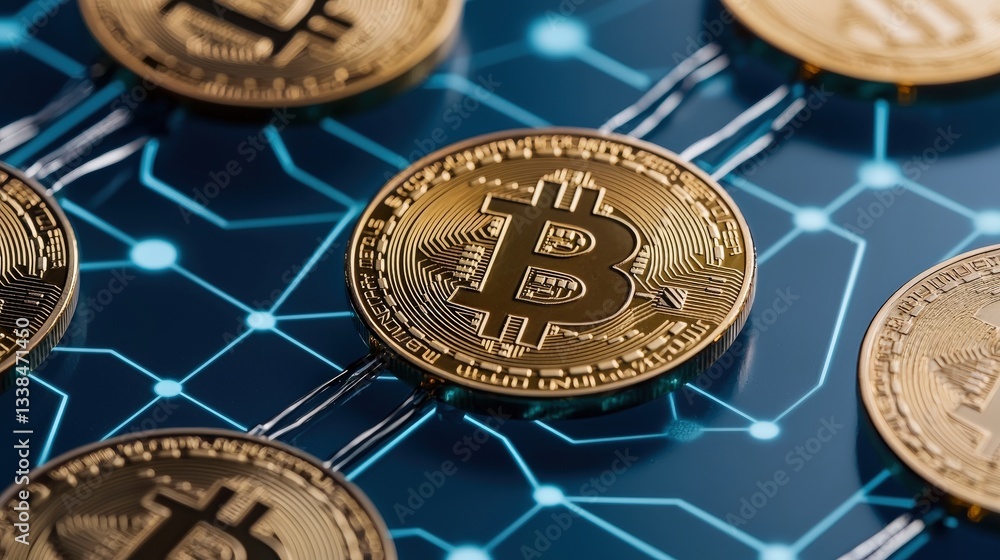 Poster smart grid distribution management concept. digital representation of bitcoin coins on a circuit boa