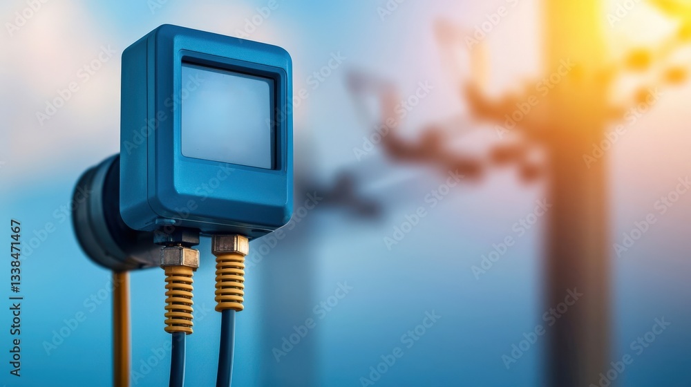 Poster smart grid distribution management concept. meter in focus with blurred power lines in the backgroun