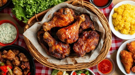 Fototapeta premium A top-down view of a picnic spread featuring Korean fried chicken alongside various side dishes, creating a delightful and inviting atmosphere for outdoor dining.