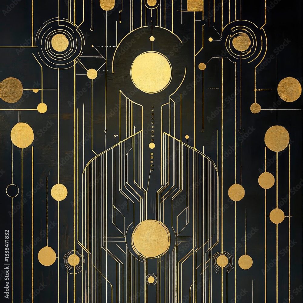 Poster abstract gold and black circuit board design with glowing circles, representing connection and techn