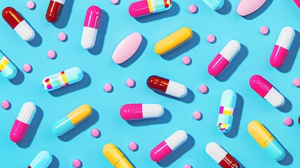 Various colorful pills and capsules on a blue background.