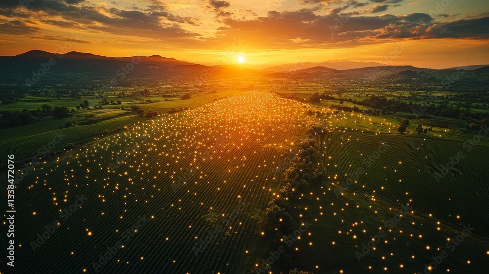 Poster network with pins and map pointer, aerial view of land with network markers representing land develo