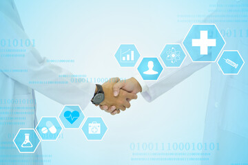 A doctor in a white lab coat shaking hand showing symbol of medicine innovation, treatment, discovery and healthcare analysis.
