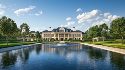 Obraz premium A luxury mansion with a beautifully manicured garden, featuring a symmetrical layout and a modern water feature.