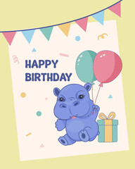 Birthday card designs featuring cute hippo with balloon, hippopotamus with balloons. Perfect for greeting cards, birthday wishes and party invitations