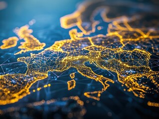 Detailed view of a digital map of Europe with glowing connections