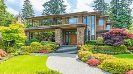 Fototapeta premium A luxury modern home exterior with a stone facade, large glass windows, and a beautifully landscaped front yard.
