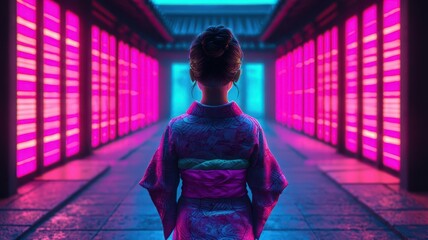 A little girl in a neon kimono dress inspired by traditional and cyberpunk fashion, standing in a glowing temple, sketch illustration, bold lines. , closes up