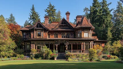 Obraz premium A grand Victorian mansion surrounded by lush green trees and gardens