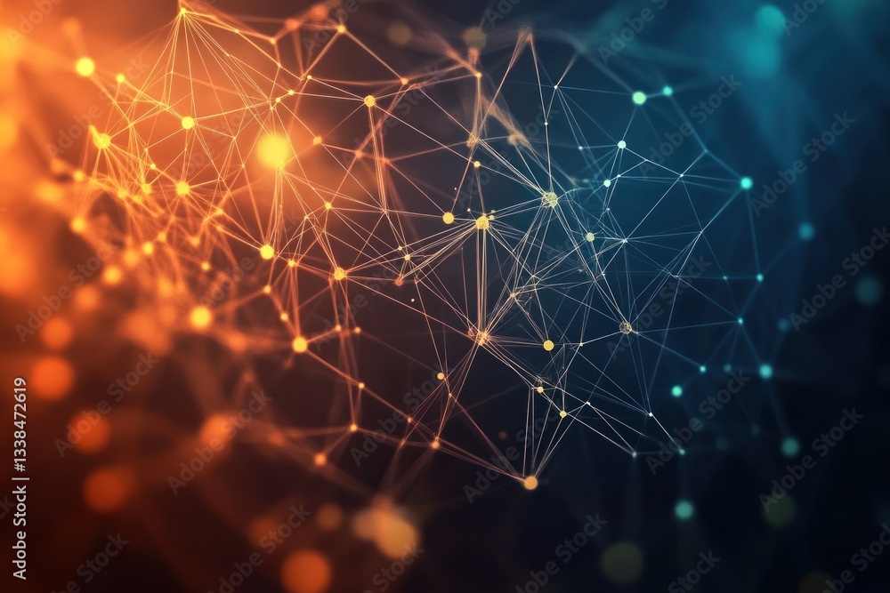 Poster abstract network of colorful dots and lines on a dark background