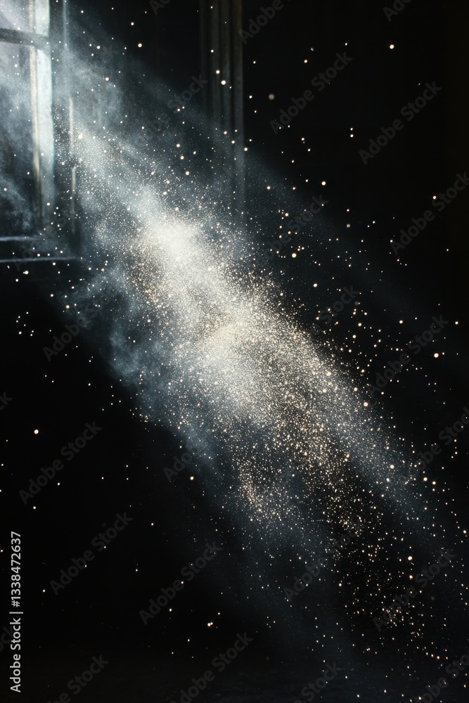 Poster ethereal light stream illuminates dust particles creating a celestial effect in a darkened room wind