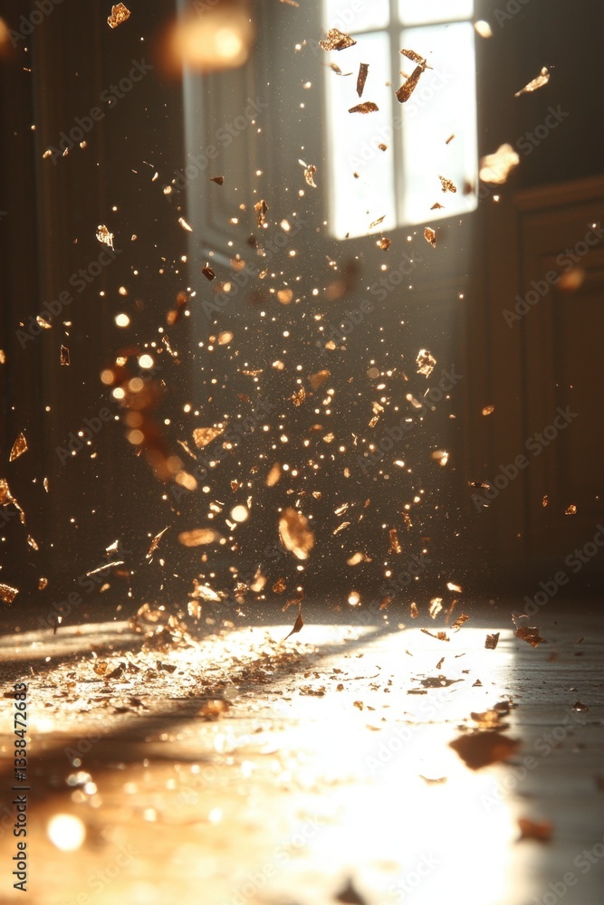Canvas Prints golden confetti explosion against sunlit window creating a magical atmosphere in a rustic interior s