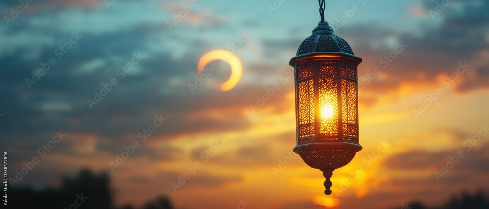Poster glowing lantern shines against a beautiful sunset sky creating a warm and inviting atmosphere with s