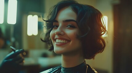 Happy client smiling while hairdresser is cutting hair in beauty salon