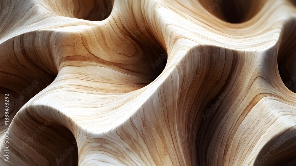 Poster Smooth wooden surface creating abstract shapes with flowing lines and curves