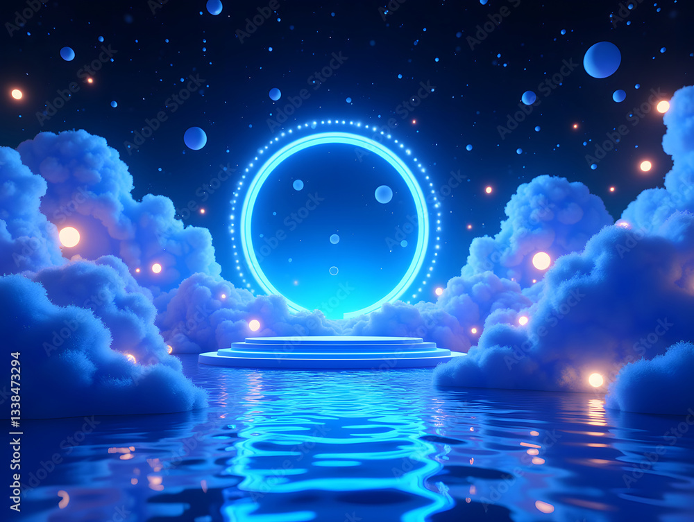 Poster 3d rendering of sci-fi stretch background with geometric tunnel and neon lines, 3d rendering concept