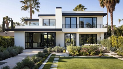 A minimalist modern house with a bold black and white exterior, sleek geometric forms, and elegant landscaping.