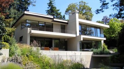 Fototapeta premium A minimalist two-story house featuring a flat roof, neutral color palette, and modern landscaping.