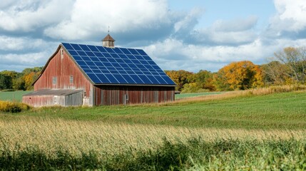Obraz premium Solar panels installed on old barn in rural farmland
