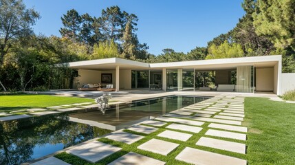 A minimalist villa with a manicured garden, geometric stepping stones, and a water feature reflecting the house.
