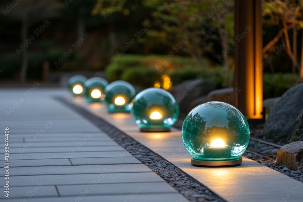 Poster Pathway illuminated by glowing glass orbs in a serene garden at dusk