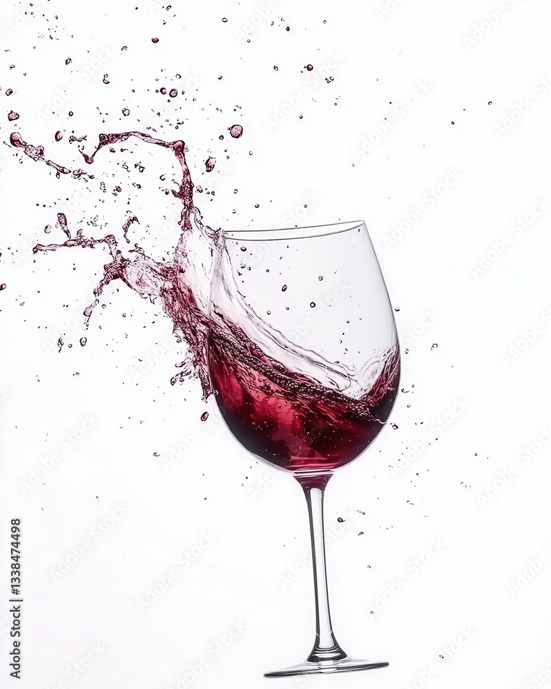 Poster dynamic splash of ruby red wine in elegant glass against pristine white backdrop capturing movement 
