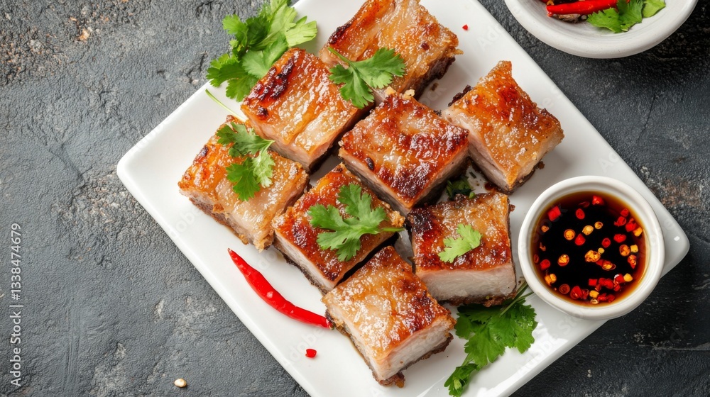 Aufkleber a top-down view of crispy pork belly on a white plate, garnished with coriander and chili peppers, r