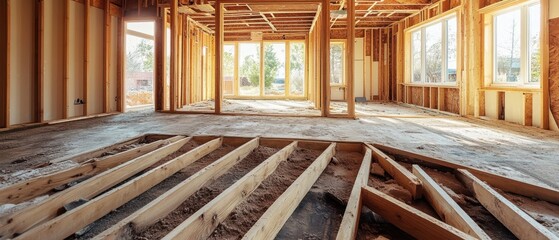 Interior framing of a new house construction site with wooden beams and bright sunlight illuminating the space creating a sense of progress and potential