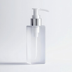 Obraz premium Clear glass bottle with pump, ideal for commercial product graphy, showcasing elegance and