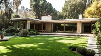 Fototapeta premium A modern, cube-shaped single-story house with a flat roof, minimalist landscaping, and an open patio space.