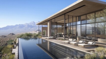 Fototapeta premium A modern desert glass house with earthy tones, shaded pergolas, and an infinity-edge pool.