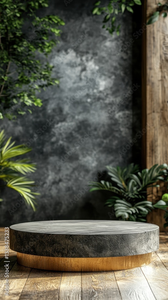 Poster elegant podium display with lush green foliage against a textured backdrop for product showcase and 