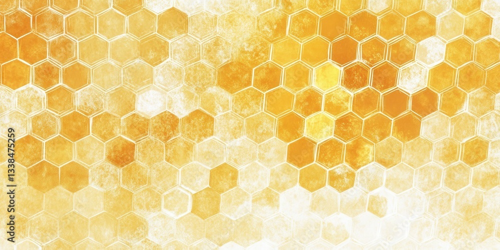 Poster golden honeycomb: a close-up view of a golden honeycomb with its intricate hexagonal pattern, evokin