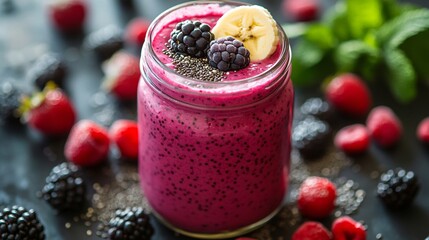 A vibrant smoothie garnished with berries and a banana slice